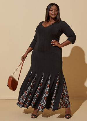 Printed Paneled Maxi Dress, Black Combo image number 0