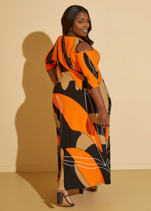 Cold Shoulder Abstract Maxi Dress, Black Combo image number 1