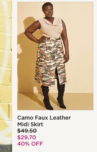 Camo Faux Leather Midi Skirt