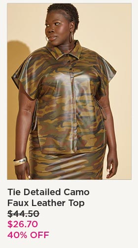 Tie Detailed Camo Faux Leather Top