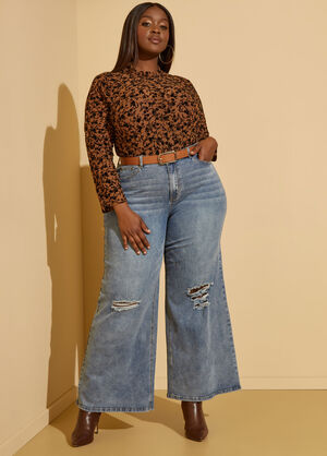 Distressed High Rise Wide Leg Jeans, Dk Rinse image number 0