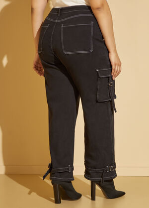 Strap Detailed Cargo Jeans, Black White image number 1