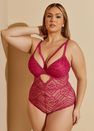Crotchless Lace Lingerie Bodysuit, Very Berry image number 0
