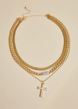 Layered Faux Pearl Cross Necklace, Gold image number 1