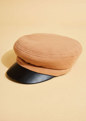 Felt And Faux Leather Cabbie Hat, Tan image number 1